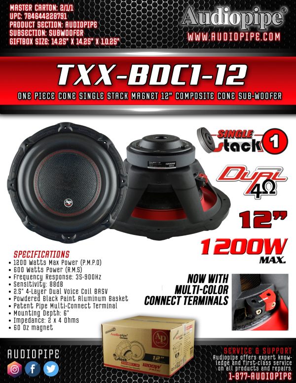 TXX-BDC1-12 Audiopipe 12 inch Single Stack DVC Woofer Online Hot Sale