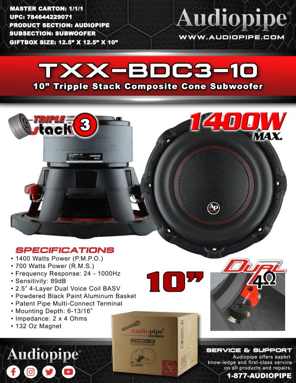 TXX-BDC3-10 Audiopipe 10 inch Triple Stack Dual Voice Coil Woofer Discount