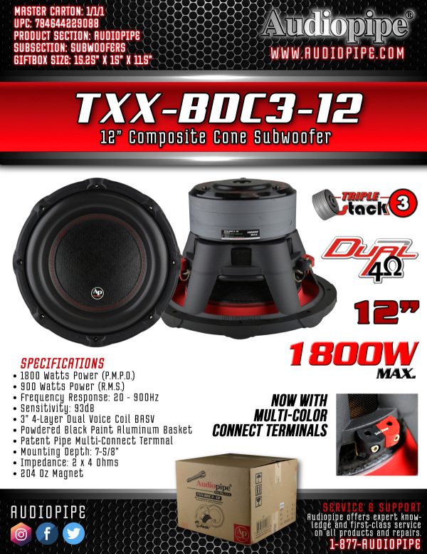 TXX-BDC3-12 Audiopipe 12 inch Triple Stack Dual Voice Coil Woofer Online Hot Sale