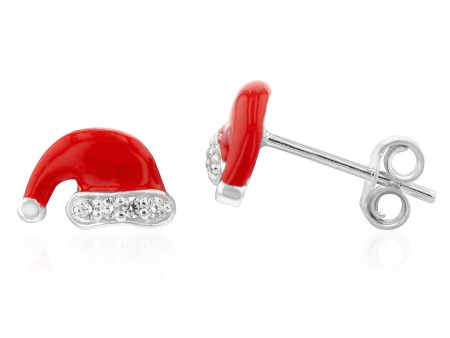 Sterling Silver Cubic Zirconia Santa Hat Stud Earrings Fashion