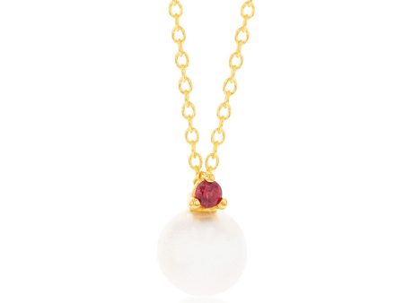 9ct Yellow Gold Red Cubic Zirconia And Pearl Pendant On Chain Cheap