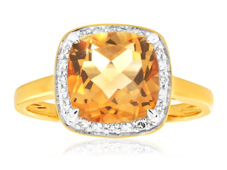 9ct Yellow Gold 2ct Citrine and Diamond Ring on Sale