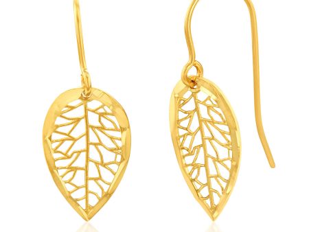 9ct Yellow Gold Diamond Cut Leaf Drop Hook Earrings For Cheap