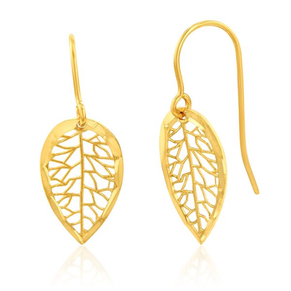 9ct Yellow Gold Diamond Cut Leaf Drop Hook Earrings For Cheap