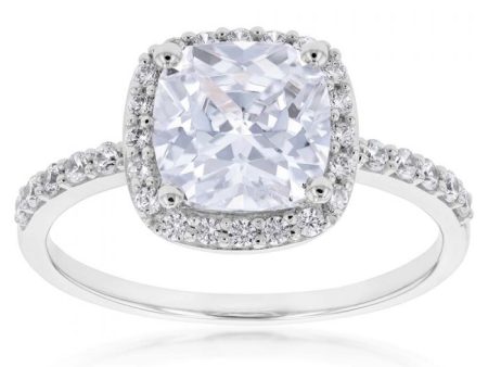 9ct White Gold 8mm Cushion Cut Cubic Zirconia Halo Ring on Sale