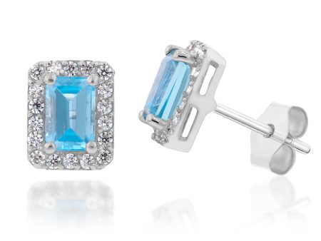 9ct White Gold Blue Topaz and Zirconia Emerald Cut Studs For Cheap