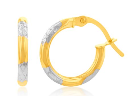 9ct White And Yellow Gold Two Tone Double Side Diamond Cut 10mm Hoop Earrings For Discount