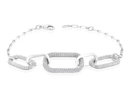 Sterling Silver Rhodium Plated Cubic Zirconia On Chunky Link 19+3cm Bracelet Fashion