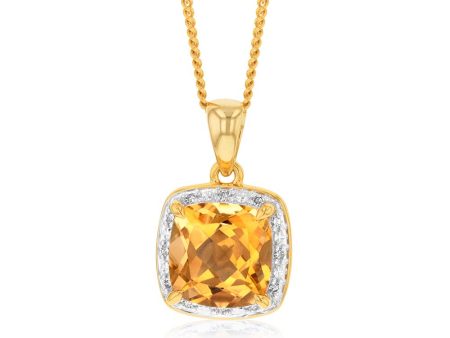 9ct Yellow Gold 2ct Citrine and Diamond Cushion Cut Pendant Online now