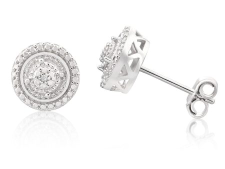 Sterling Silver with 2 Diamonds Round Shape Earring Studs For Sale