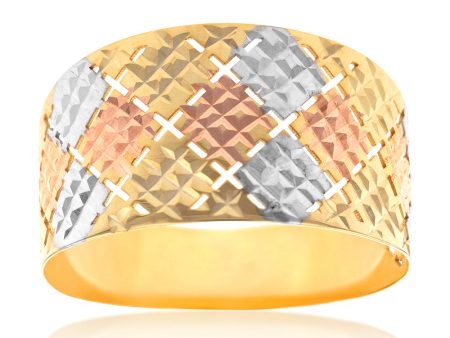 9ct Yellow And White Gold Patterned Broad Band Ring Fashion