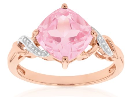 9ct Rose Gold Created Peach Sapphire and Diamond Cushion Cut  Ring Fashion