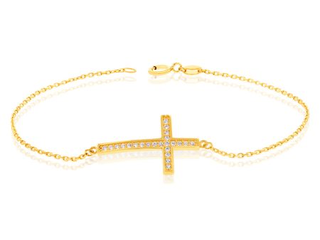 9ct Yellow Gold Cubic Zirconia On Cross 18.4cm Bracelet Online