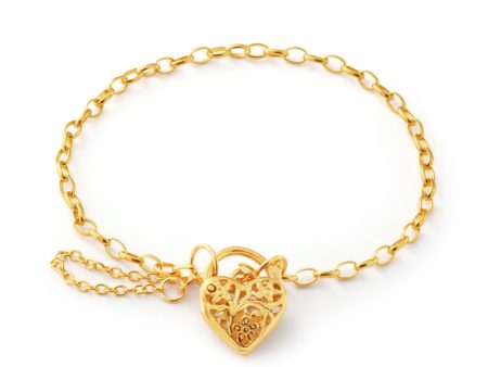 9ct Yellow Gold 19cm Heart Filigree Padlock Bracelet Discount