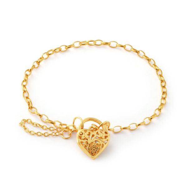 9ct Yellow Gold 19cm Heart Filigree Padlock Bracelet Discount