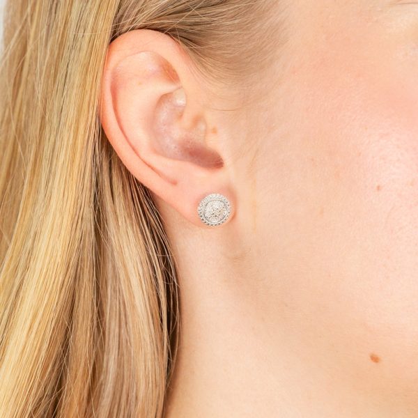 Sterling Silver with 2 Diamonds Round Shape Earring Studs For Sale