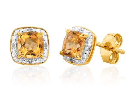 9ct Yellow Gold 1 2ct Citrine and Diamond Cushion Cut Stud Earrings Discount