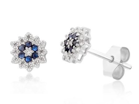 9ct White Gold Natural Sapphire and Zirconia Flower Studs For Discount