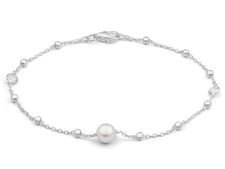 Sterling Silver Simulated Pearl + Zirconia Fancy Bracelet 19cm Online