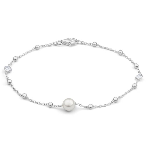 Sterling Silver Simulated Pearl + Zirconia Fancy Bracelet 19cm Online