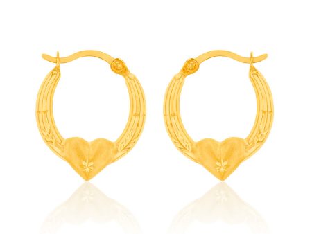 9ct Yellow Gold Diamond Cut Heart On Hoop Earrings Sale