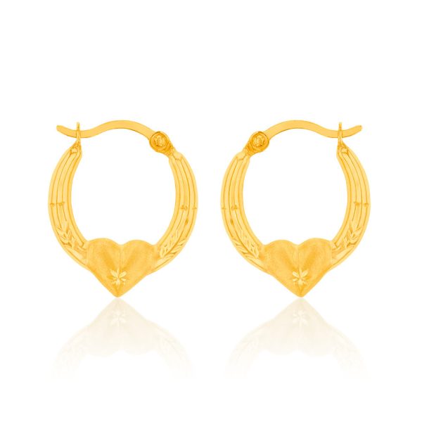 9ct Yellow Gold Diamond Cut Heart On Hoop Earrings Sale