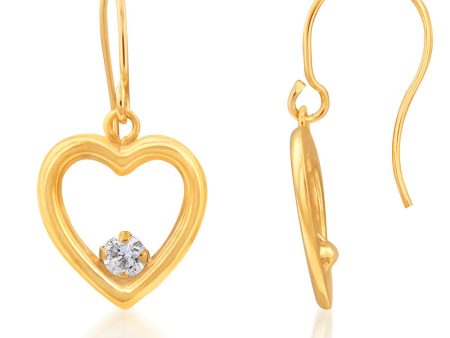 9ct Yellow Gold Zirconia Open Heart Hook Drop Earrings For Sale