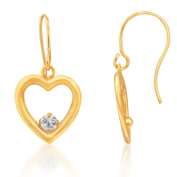 9ct Yellow Gold Zirconia Open Heart Hook Drop Earrings For Sale