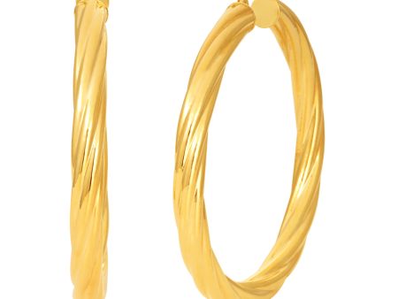 9ct Yellow Gold 40mm Twisted Striped Hoop Earrings 9Y For Discount