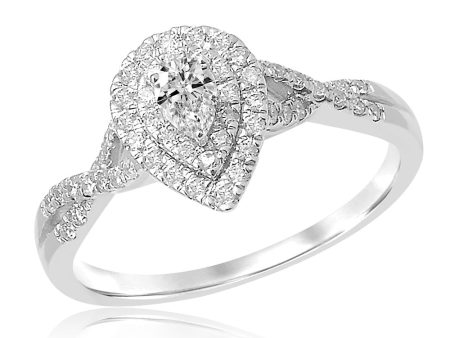 18ct White Gold 1 2 Carat Pear Diamond Double Halo Split Shank Ring on Sale