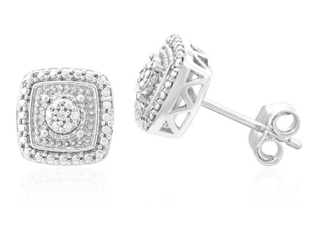 Sterling Silver With 2 Diamond Cushion Shape Earring Stud For Cheap