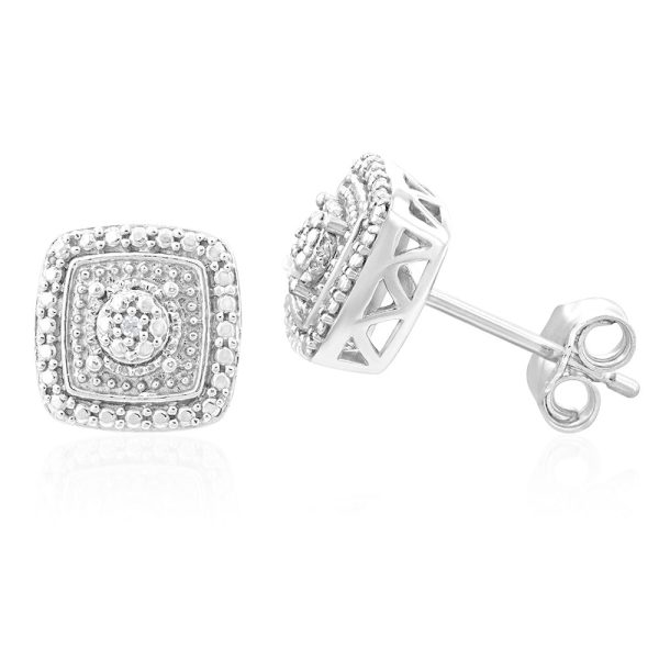 Sterling Silver With 2 Diamond Cushion Shape Earring Stud For Cheap