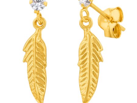 9ct Yellow Gold Zirconia Feather Drop Earrings Online