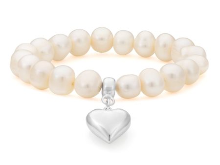 White 10mm Freshwater Pearl and Heart Charm Bracelet Online Hot Sale