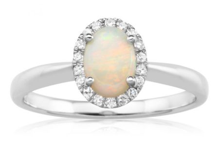 9ct White Gold 0.45ct Natural White Opal and Diamond Halo Ring Sale