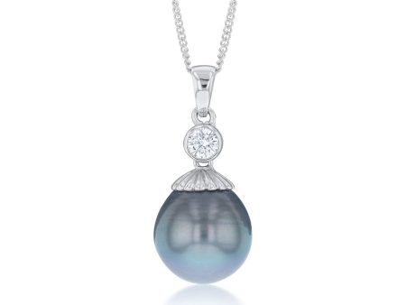 Sterling Silver Tahitian Pearl & Zirconia Pendant with 45cm Sterling Silver Chain Sale