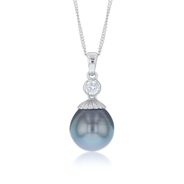 Sterling Silver Tahitian Pearl & Zirconia Pendant with 45cm Sterling Silver Chain Sale