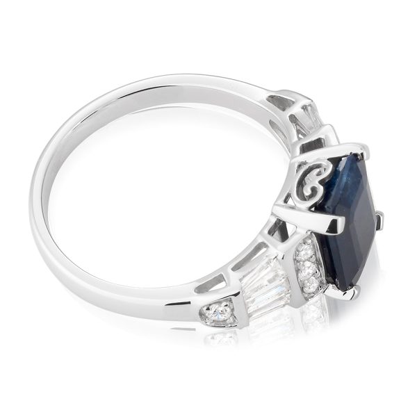 18ct White Gold Natural Black Sapphire 3.00ct Emerald Cut Ring with 0.50ct Diamonds on Sale