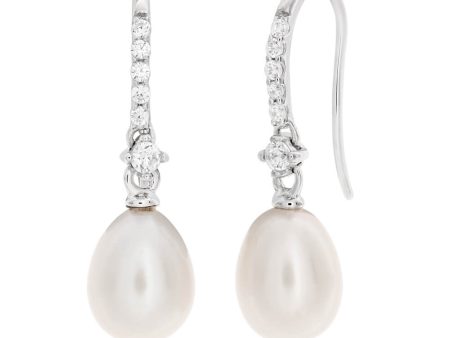 Sterling Silver White Freshwater Pearl + Cubic Zirconia Drop Earrings For Cheap