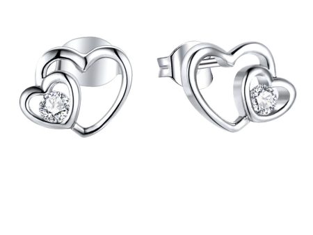 Sterling Silver Zirconia Double Heart Stud Earrings Online Sale