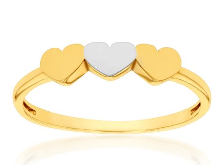 9ct Yellow And White Gold Triple Heart In Two Tone Ring For Cheap