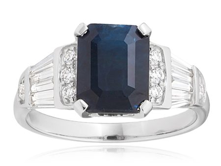 18ct White Gold Natural Black Sapphire 3.00ct Emerald Cut Ring with 0.50ct Diamonds on Sale