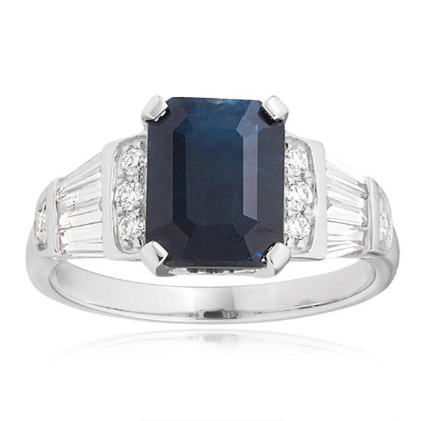 18ct White Gold Natural Black Sapphire 3.00ct Emerald Cut Ring with 0.50ct Diamonds on Sale