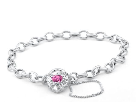 Sterling Silver Pink Cubic Zirconia Belcher Padlock Bracelet For Sale