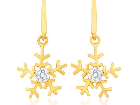 9ct Yellow Gold Zirconia Snowflake Drop Earrings Supply