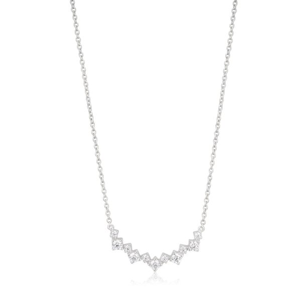 Sterling Silver Rhodium Plated Cubic Zirconia Fancy Curve Bar Necklace 40cm+5cm Online now