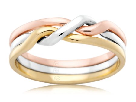 9ct Gold 3 Tone 7.5mm Cossack Ring with White, Yellow & Rose Gold. Size V Online Hot Sale