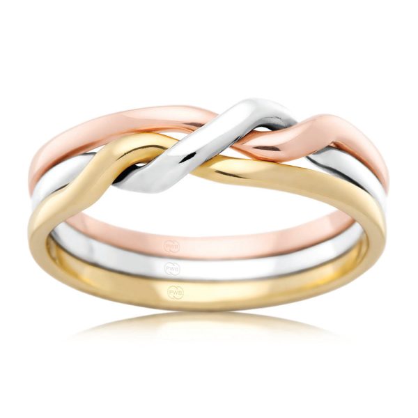 9ct Gold 3 Tone 7.5mm Cossack Ring with White, Yellow & Rose Gold. Size V Online Hot Sale