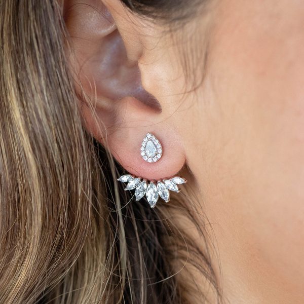 Sterling Silver Rhodium Plated Cubic Zirconia Marquise Cut Ear Jacket Stud Earrings Online Sale