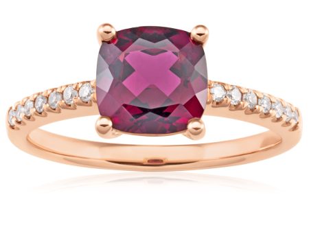 9ct Rose Gold 7mm Cushion Cut Rhodolite Garnet Ring with 0.11ct Diamonds Cheap